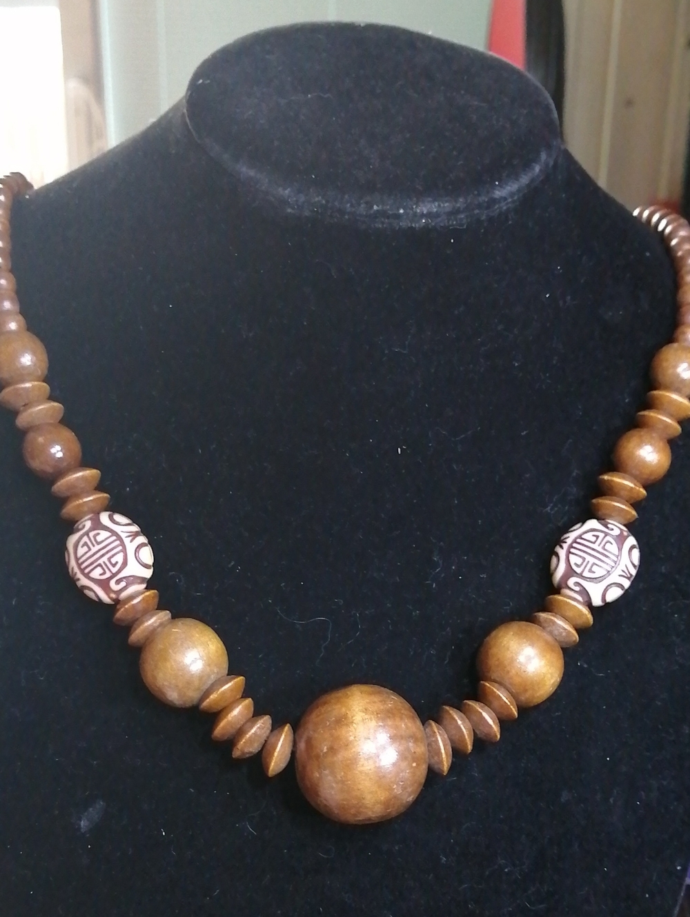 Chinese Vintage Nut Necklace With Shou Symbol ( Long Life) Beads